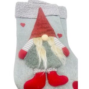 Gnome Christmas Stocking Decor Gray Red Hearts C19